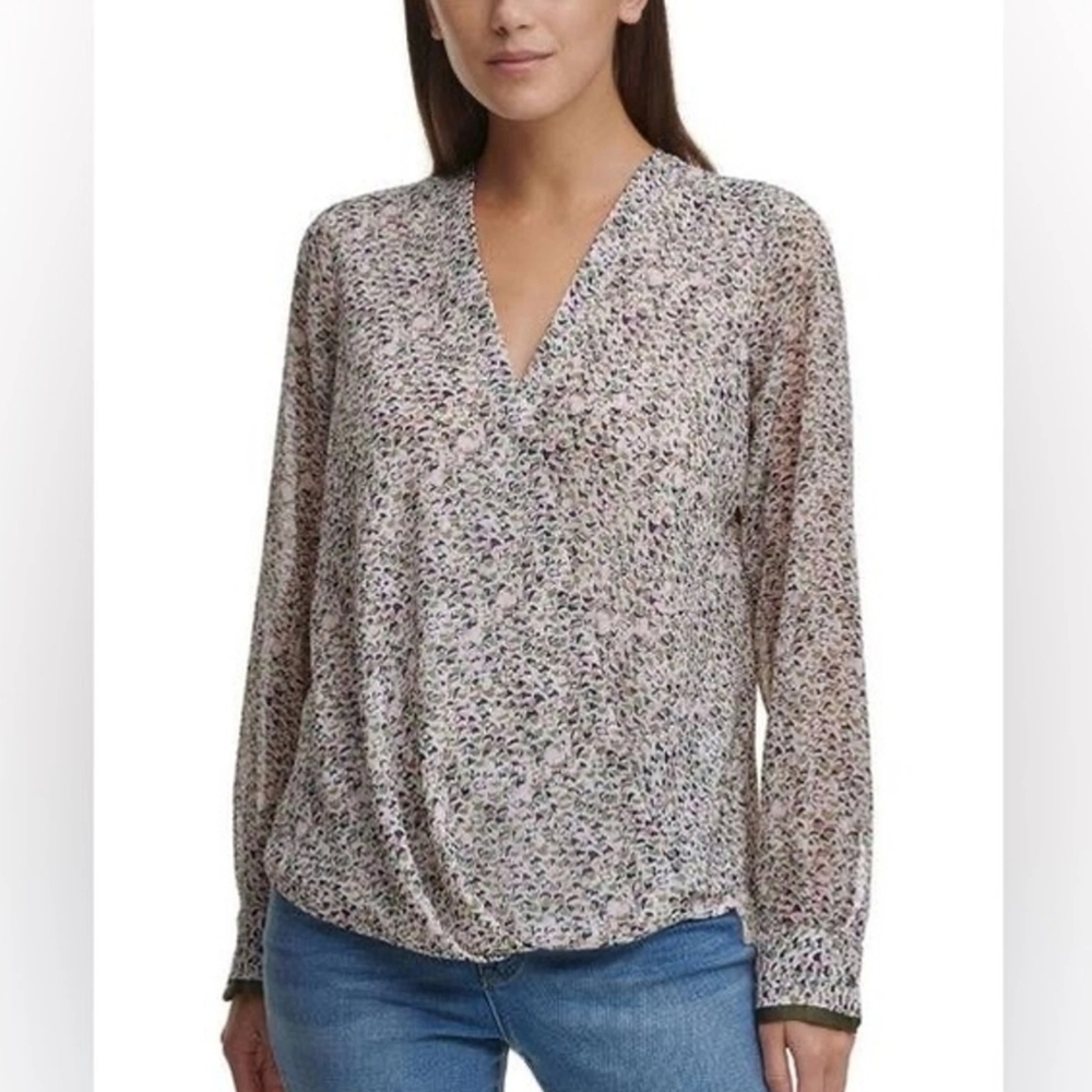 DKNY Women's V-Neck Front Faux-Wrap Blouse Top - Size XXS